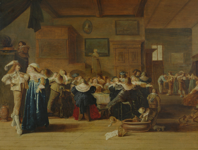 Meeting in an interior (oil on canvas) 
