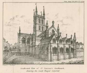 South east view of St Saviour's Church, Southwark, showing the Lady Chapel restored (engraving)
