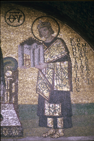 Byzantine Emperor Constantine and model of Constantinople, Santa Sophia, Istanbul