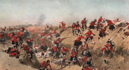Storming of Tel el Kebir by the Black Watch, Egypt, 1882 (colour litho)