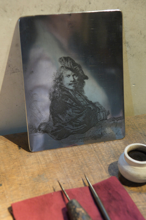 Portrait of Rembrandt on an engraving plate, Rembrandt House museum, Amsterdam, Netherlands., 2022 (photo)