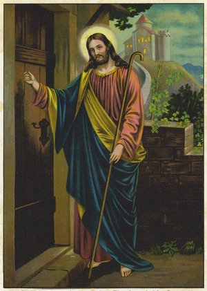 Jesus knocking on the door of a house (colour litho)