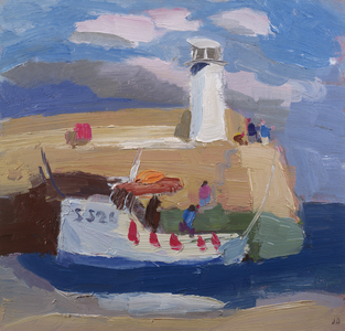 Figures on a Harbour Wall, Cornwall (oil on board)