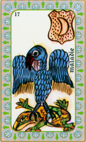 tarot by magus Belline drawn by Edmond Billaudot c. 1845 and given to clairvoyant Belline for reissue: card of the illness