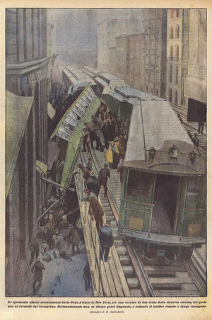 The show recently offered by Ninth Avenue in New York, for a clash of two trains  (colour litho)