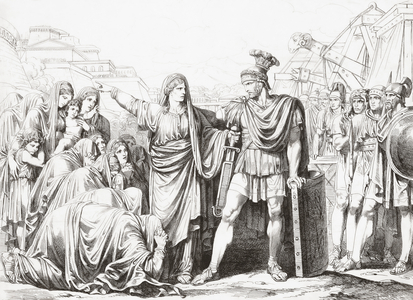 Veturia begs Coriolanus to cease attack on Rome, 5th century bc (print)