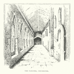 The cloister, Chichester (litho)