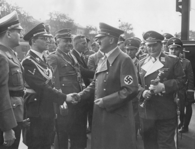 Baldur von Schirach, Philipp Bouhler, Adolf Hitler, Joseph Goebbels, Hermann Goering, 1938 (b/w photo)