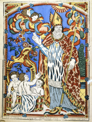 St. Nicholas of Myra (300-399) Christian prelate, imprisoned by Diocletian and released by Constantine, here saving three innocents from execution (or giving three girls a dowry). Santa Claus. 19th century (french woodcut)