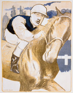 Caricature of Lester Berchart Reiff (1877-1948), American jockey on the horse Hippisme 1902