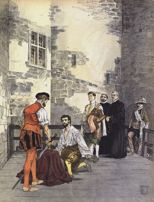 Execution of Charles de Gontaut, Duke of Biron, for treason, at the Bastille, Paris,1602 (colour litho)