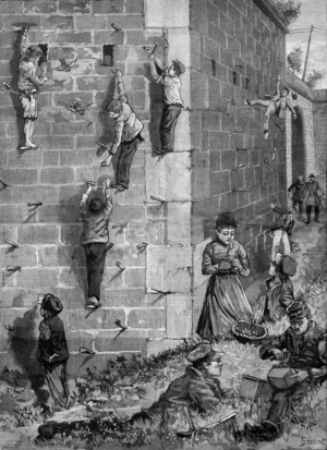 The little spotters of birds in the fortifications, illustration from French newspaper  "Le petit Parisien" 19th century (print)