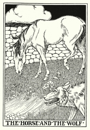 Fables of La Fontaine: The horse and the wolf (litho)