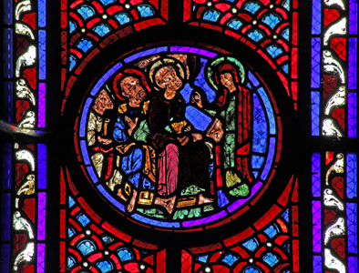 Window w2 depicting a scene from the life of St Mary Magdalene - the saint tells the disciples of the Resurrection (stained glass)