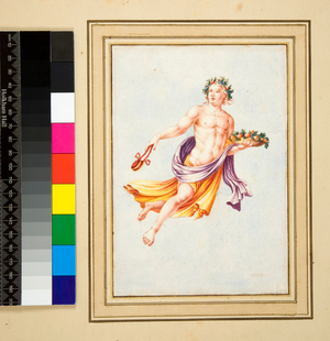 Male Figure with garland of leaves (black chalk, some with pen and brown ink. coloured with w/c)