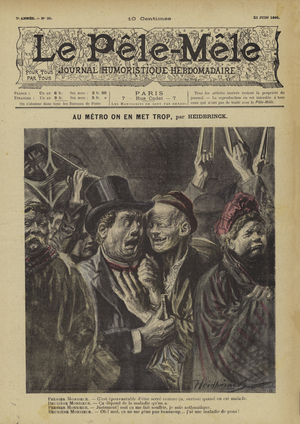 Au metro on en met trop. Illustration for Le Pele-Mele, 1901 (colour litho)