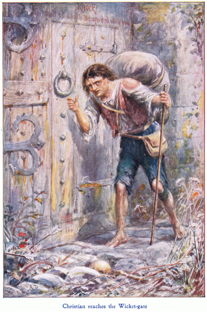 Christian reaches the Wicket-Gate, from The Pilgrims Progress published by John F Shaw & Co, c.1900's (colour litho)