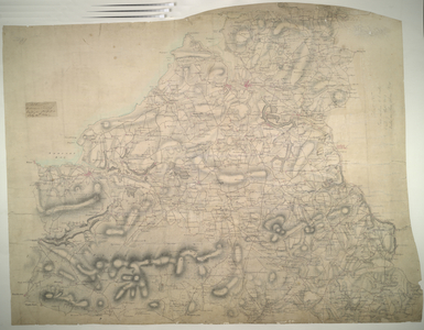 This plan of part of Cardiganshire shows the county town on the north bank of the River Teify as it enters Cardigan Bay. Further inland, the landscape is dominated by moorland and the peaks of the Presely Mountains, represented by dense brushwork interlining ('hachuring')