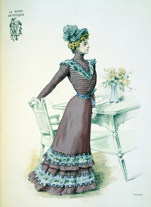 'A visiting dress of mulberry cloth created by Lejeune-Soinard ... The skirt is trimmed with two shaped flounces, nearly flat; in the centre of each is a band of chinchilla, surrounded by a sort of castellated Greek design in mauve velvet edged with black. The corsage and sleeves are entirely comopsed of pleats and we find again upon the bodice the trimming of the skirt in a smaller design. Waistband of the mauve, and toque of grey velvet'.