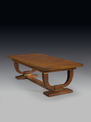 Extendable dining table, c.1925 (burl amboyna with brass details)