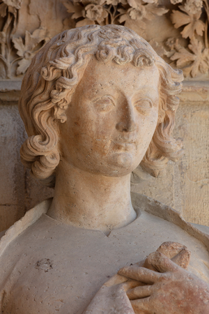 Exterior, West façade, West façade, North porch, A statue, Cathedral, Cathédrale Notre-Dame, Reims, Grand Est, Marne, France