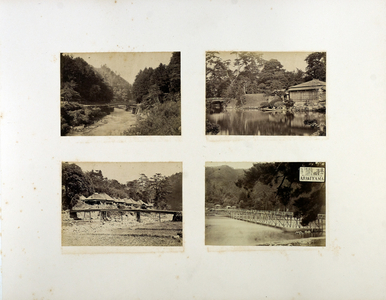 A: the bridge at Nikko from below, B: view of the Oigamo, C: Bridge at Tonooawa, D: Bridge at Arasiyama, 19th century (b/w photo)