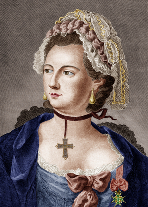 Knight of Eon (1728-1810), french secret agent for the king, he used to cross-dress, engraving after Latour colourized document