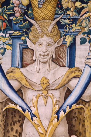 Flemish tapestry. Series Vertumnus and Pomona: Vertumnus transformed into a farmer (Vertumnus als landbouwer, Vertumno transformado en agricultor). Atelier Willem de Pannemaker. Ca 1545-1550. Detail.