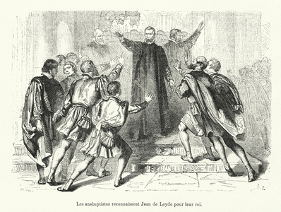 Les anabaptistes reconnaissent Jean de Leyde pour leur roi (engraving)