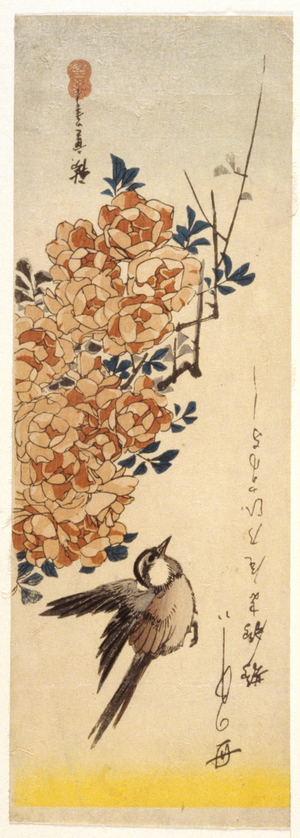 Wagtail And Roses (colour woodblock print)