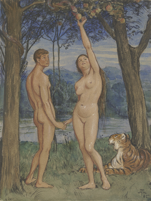 Adam and Eve, 1882 (black & red chalk, w/c on paper)