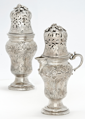 A German silver sugar caster and a dry mustard caster, 1773 or 1777