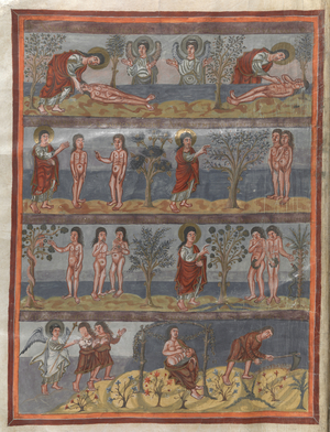 Add. 10546, f.5v The creation of Adam and Eve (vellum)