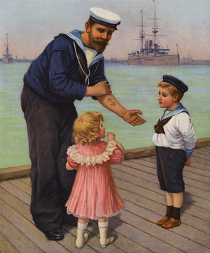 Sailor showing two children his tattoo (colour litho)