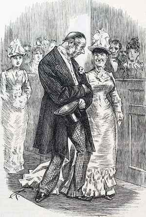 A bride and groom leaving the church, 1883 (engraving)