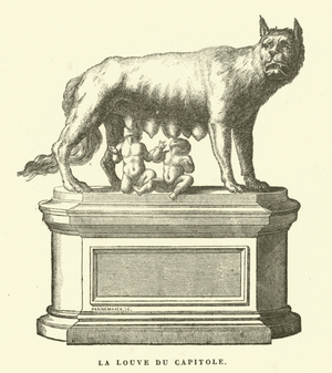 The Capitoline Wolf, bronze sculpture depicting the she-wolf suckling Romulus and Remus, the twin founders of Rome (engraving)