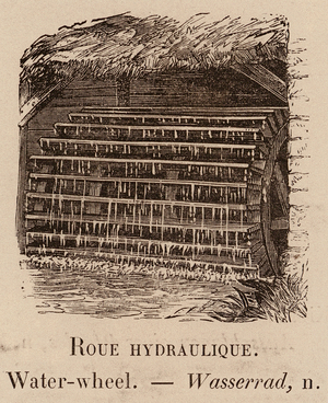 Le Vocabulaire Illustre: Roue hydraulique; Water-wheel; Wasserrad (engraving)