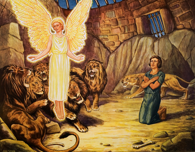Daniel in the Lion's den (colour litho)