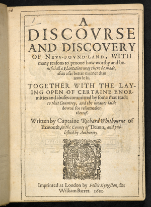 Frontispiece for 'A Discourse and Discovery of New-found-land....' by Richard Whitbourne, 1620 (engraving)