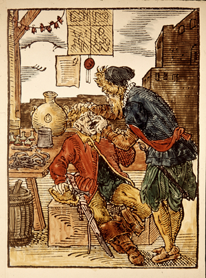 Medieval Dentist (colour woodcut)