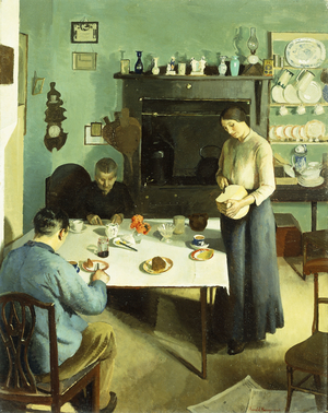 A Meal in the Kitchen, 1920 (oil on canvas)