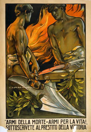 Arms of Death - Arms for Life: Two young men forging swords into ploughshares. Italian 1918 poster for the Victory Loan. Ending of World War I 1914-1918. Peace Olive Branch