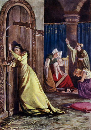 Catherine Douglas, one of the ladies in waiting of Joan Beaufort, Queen of King James I of Scotland, using her arm to bar the door to assassins attempting to kill the king, 1437 (colour litho)