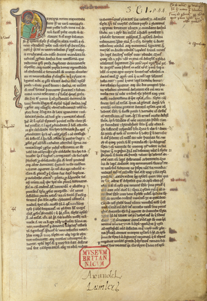 Illuminated initial 'P' containing a portrait of a saint (St. Paul ?). Text. Arundel and Lumley inscriptions.