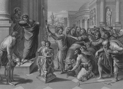 Paul and Barnabas at Lystra, Acts 14, Verse 8-19 (engraving)