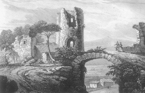 Aubijoux castle in Marcenat (Cantal) : ruins of donjon built in 11th century, engraving (19th century)