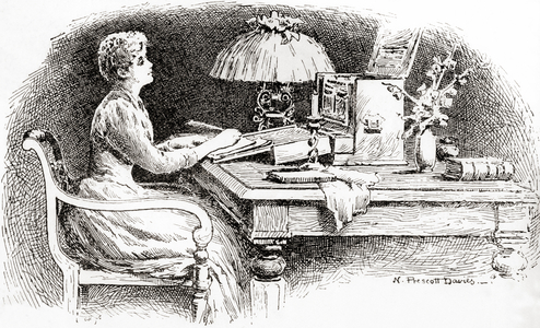 A woman writing a letter at a bureau in the 19th century, from The Strand Magazine, Vol I January to June, 1891
