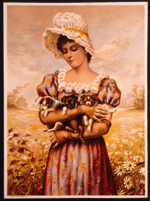 Young Woman in White Bonnet Holding Puppies, Lithograph, Circa 1891