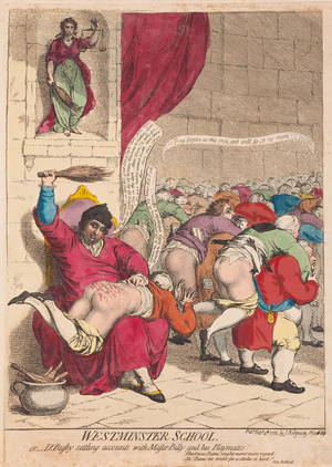 Westminster School or Dr Busby settling accounts with Master Billy and his Playmates, pub.  1785 (hand coloured engraving)