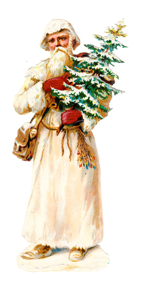 A Victorian Paper Scrap Relief of Father Christmas holding a Christmas tree, c.1880 (colour litho)